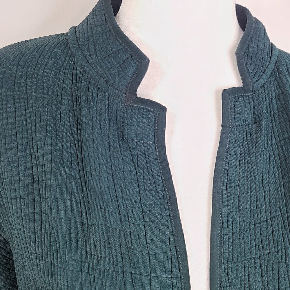 Eileen Fisher Textured Silk Rayon Forest Green Open Front Cardigan - Picture 2 of 6